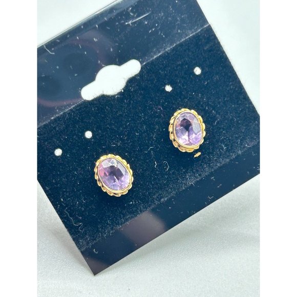 Vintage 14K Gold and Amethyst Earrings Studs Oval Bezel Sets Genuine Gemstones - Picture 3 of 9